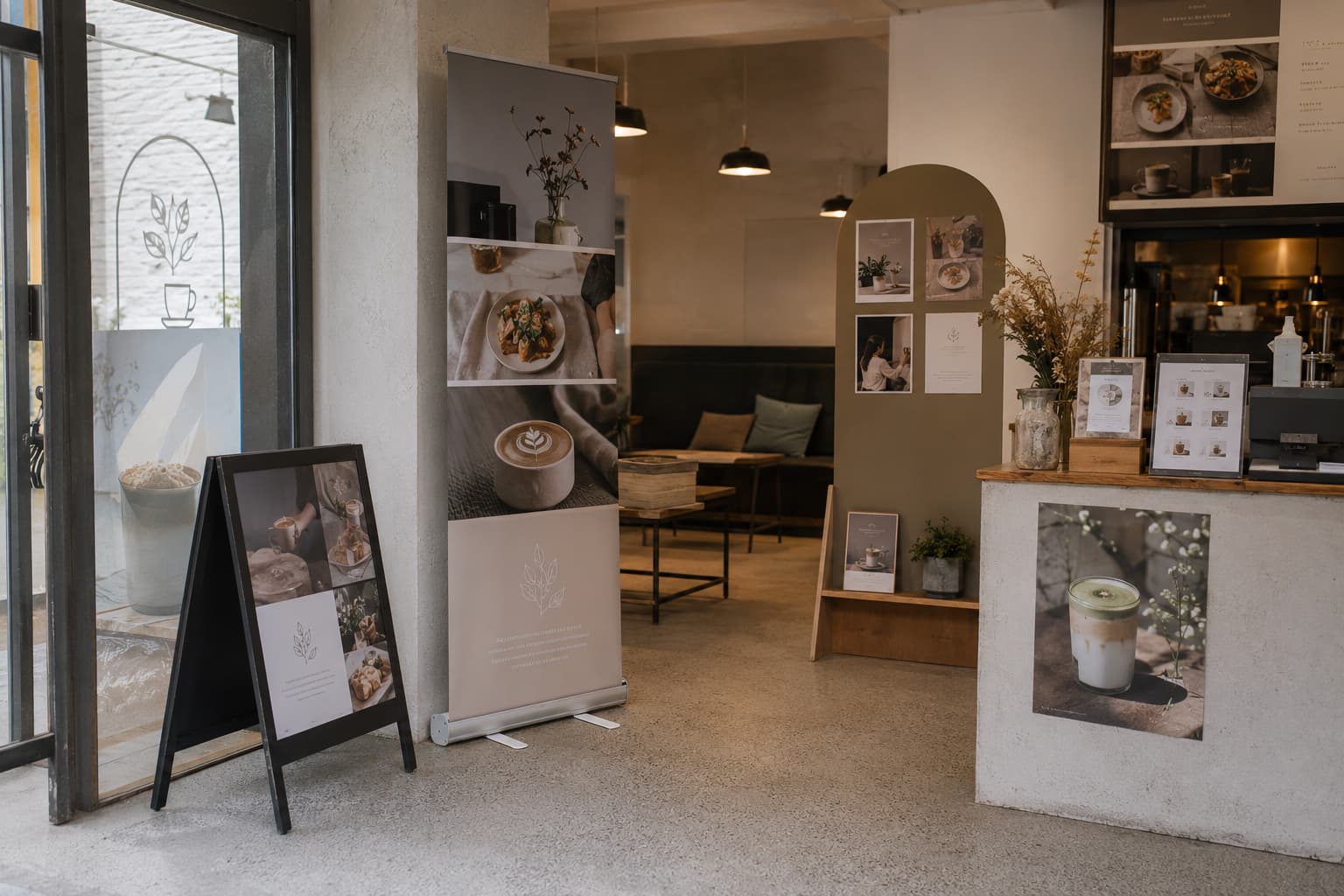 Display and advertising graphics with poster, signage, and presentation material layouts.
