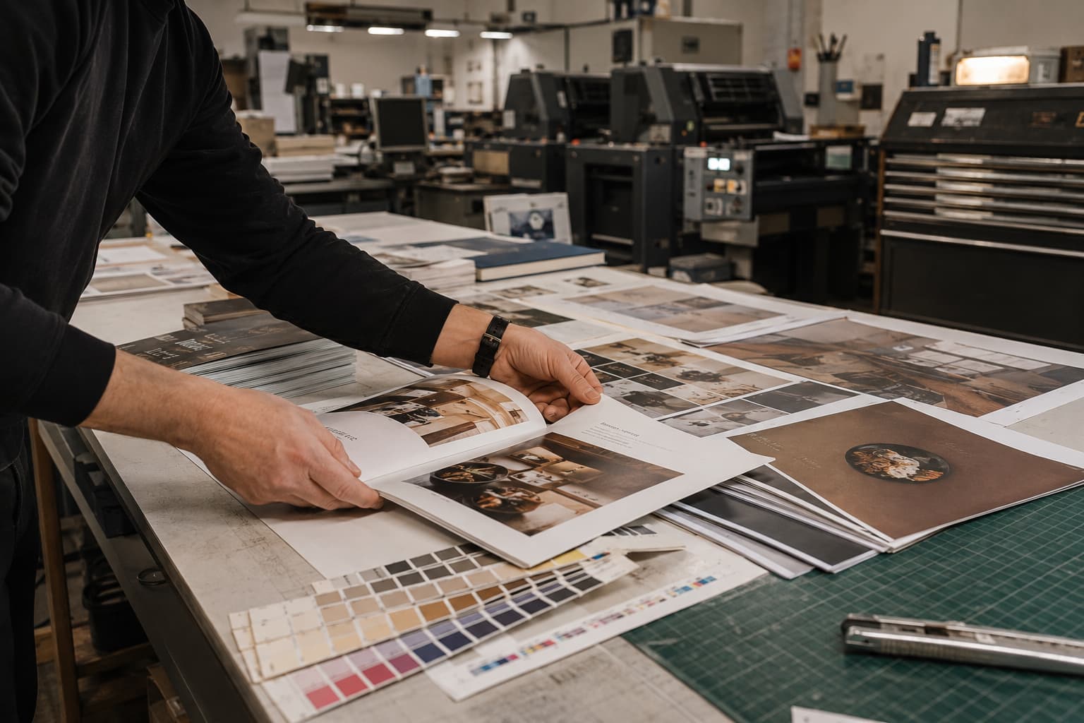 Print and editorial design materials with brochure spreads and structured layout pages.