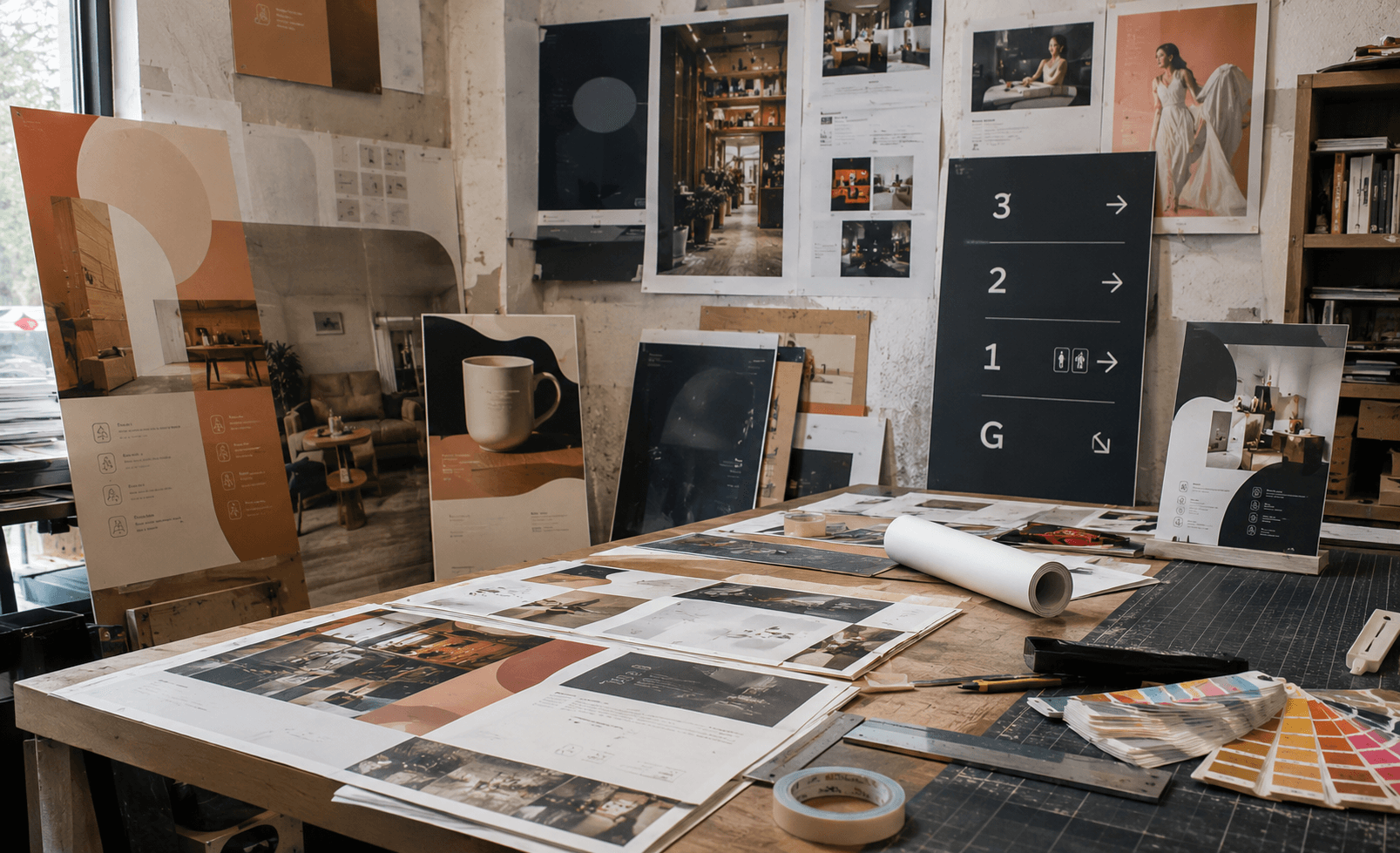 8171 studio table with printed layouts, logo sketches, and production notes.