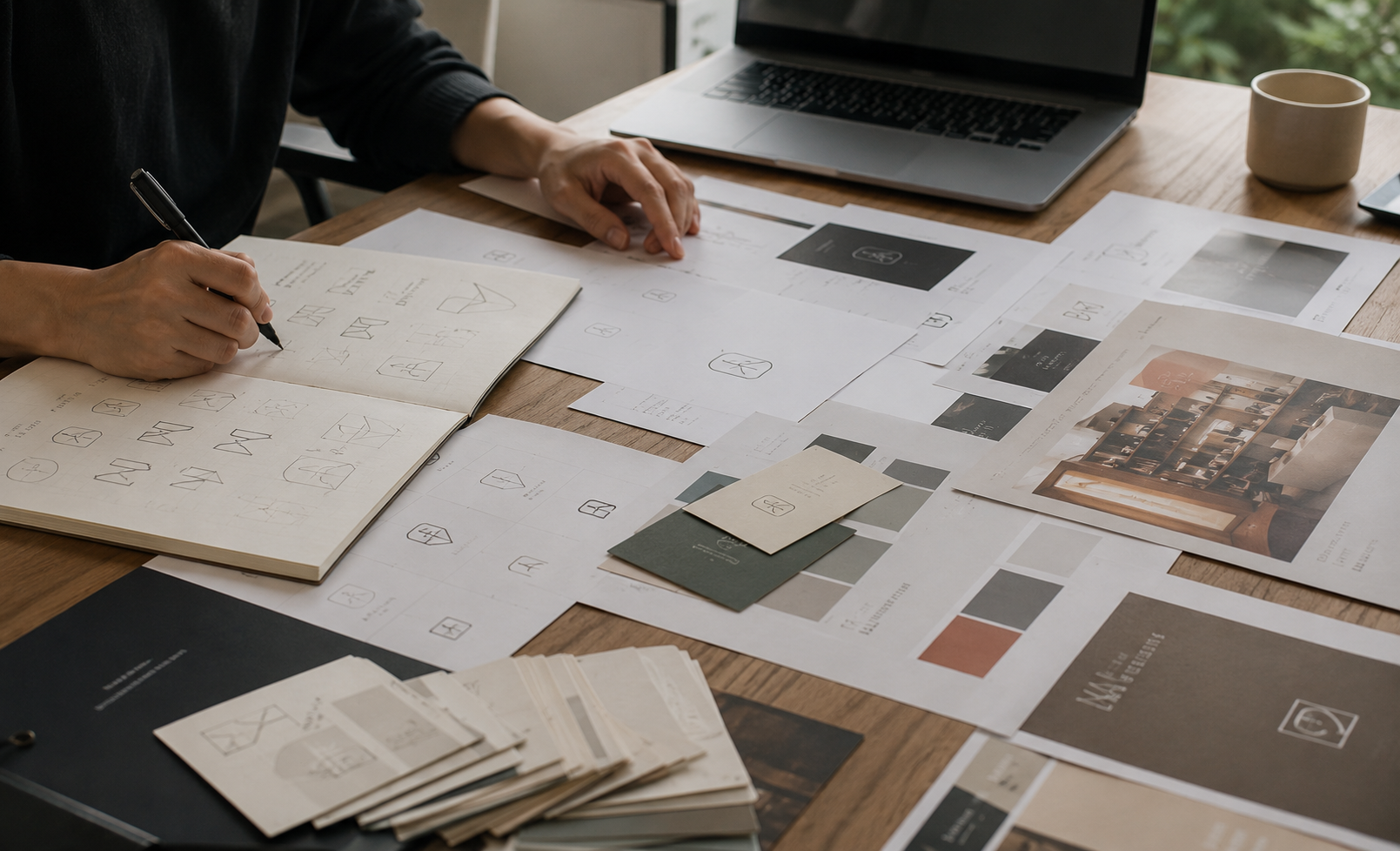Brand system sketches and printed identity samples.