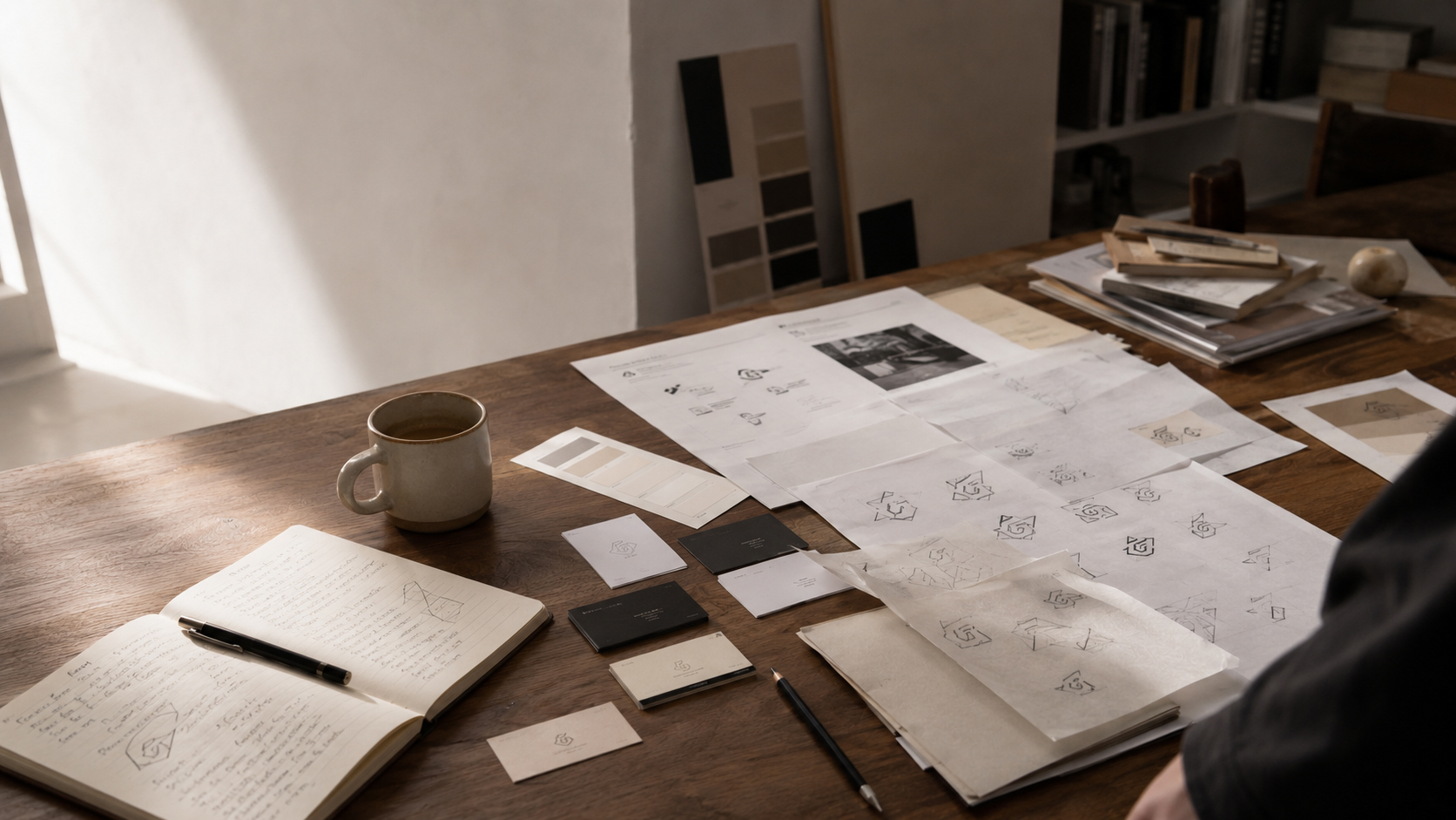 Printed brand materials and identity references.