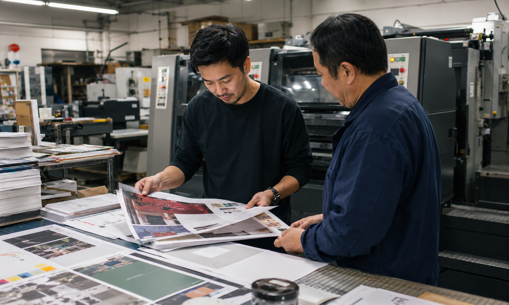 Print production materials and editorial samples.
