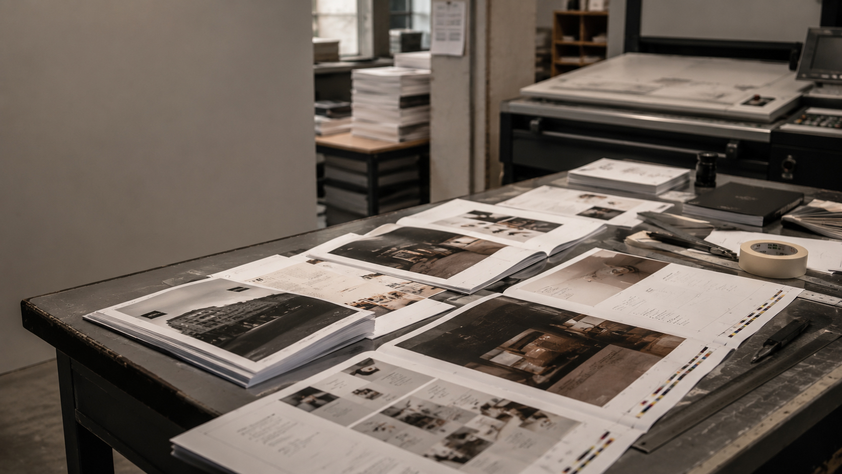 Hands reviewing printed pages and production samples.